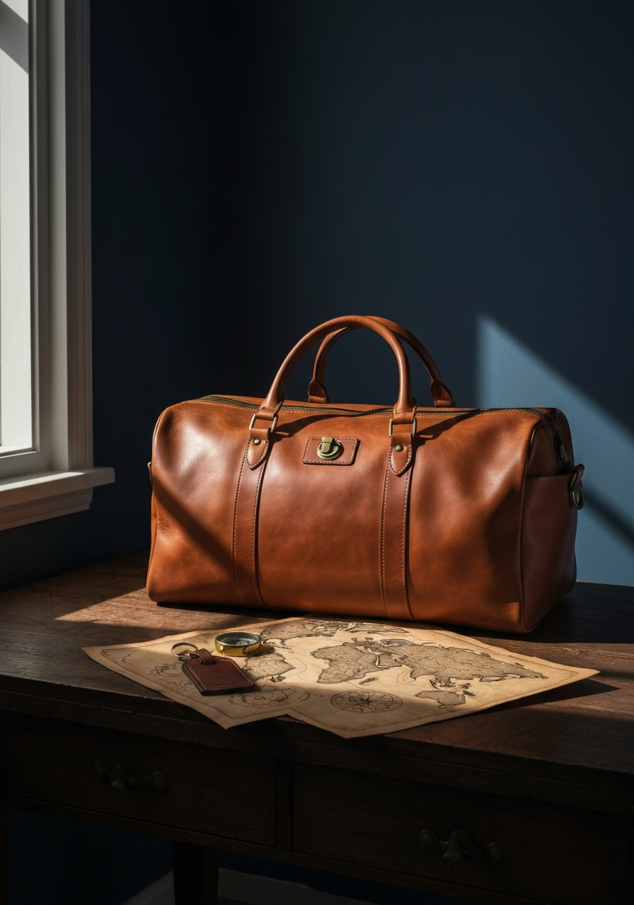 Sac de voyage en cuir tabac posé sur un bureau d'atelier en noyer foncé avec carte ancienne et compas en laiton