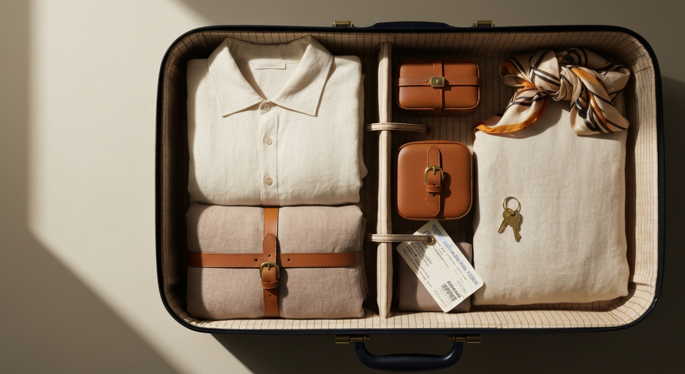 Vue de dessus d'une valise cabine ouverte parfaitement organisée avec linge plié, cubes de cuir et passeport