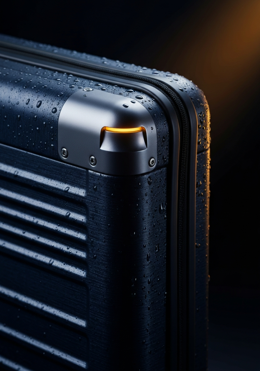 Macro d'un coin de valise polycarbonate avec renfort aluminium éclairé d'une lumière ambre