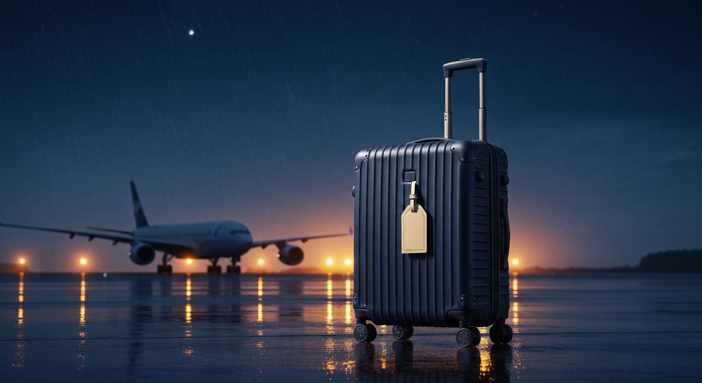 Valise polycarbonate posée sur un tarmac humide au coucher du soleil, lumières d'approche en arrière-plan