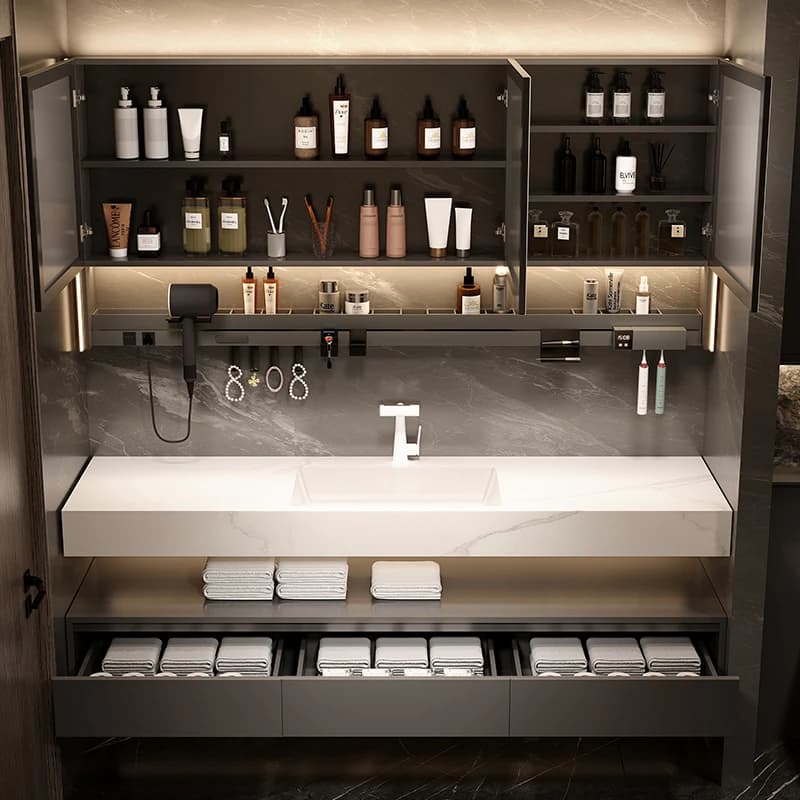 Vanité combinée d'armoire de salle de bain, salle de bain intégrée en dalle de roche en céramique sa