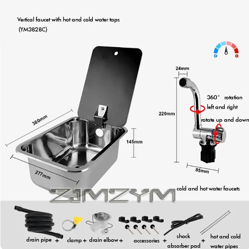 Évier de caravane avec robinet, lavabo en acier inoxydable rond et carré avec couvercle en verre tre