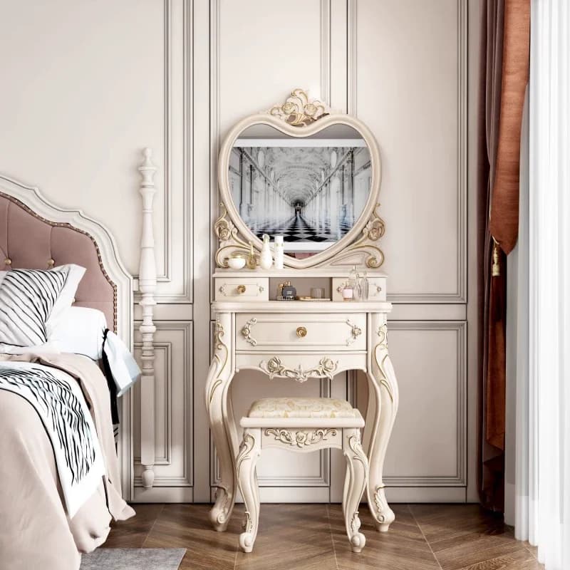 Ensemble coiffeuse européenne avec miroir blanc, bureau de maquillage avec tiroirs et tabouret - Pet
