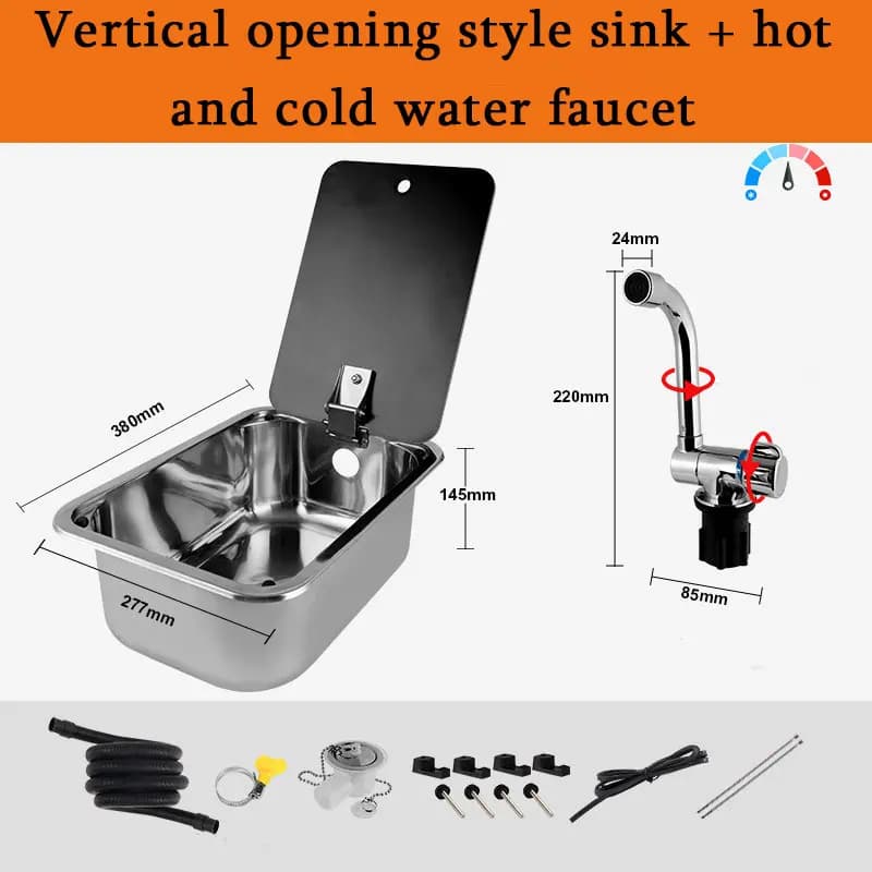 Évier de caravane avec robinet, lavabo en acier inoxydable rond et carré avec couvercle en verre tre