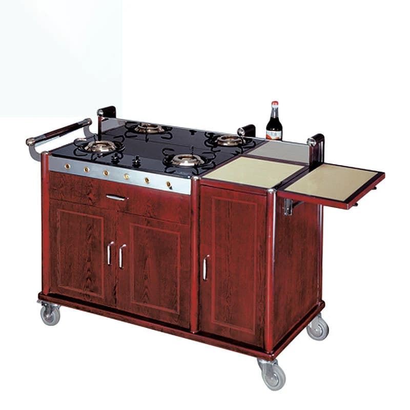 Cuisinière à gaz en bois de luxe, 4 roues, 3 tiroirs, chariot de service alimentaire, chariot Flambe