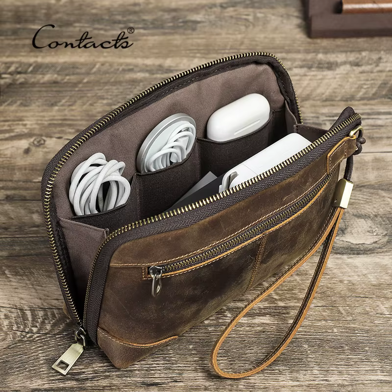 Sac de voyage pour homme CONTACT'S, pochette en cuir véritable, portefeuille, sac à main, sac de ran