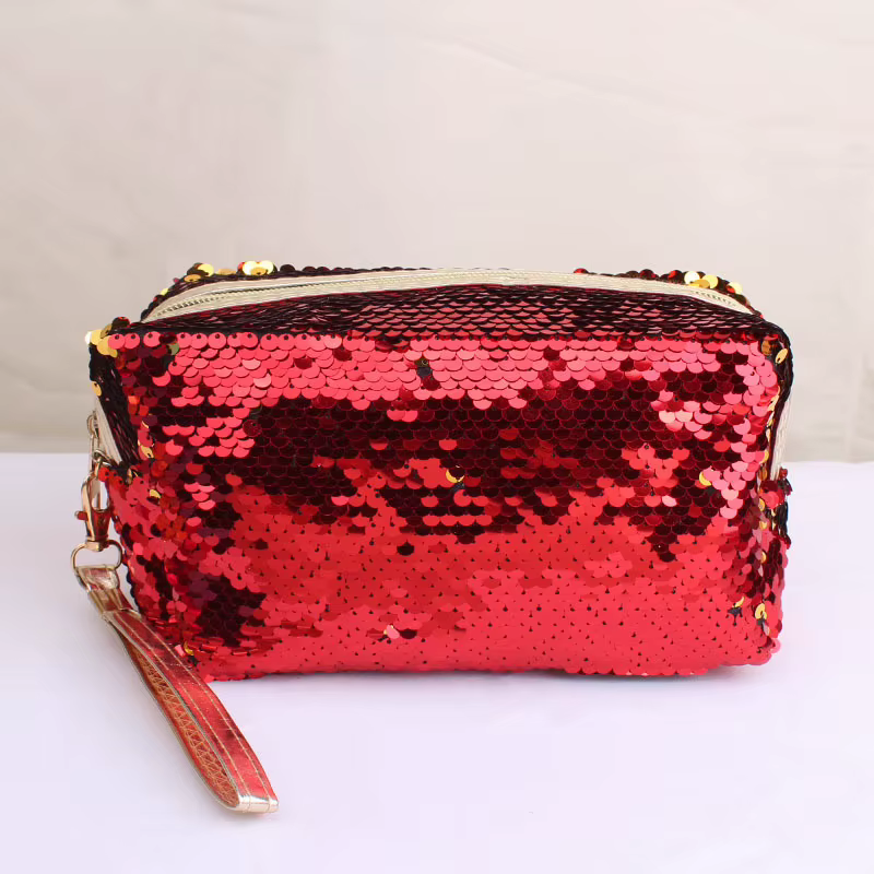Sac cosmétique portable à paillettes brillantes pour femmes et filles, trousse de maquillage à ferme