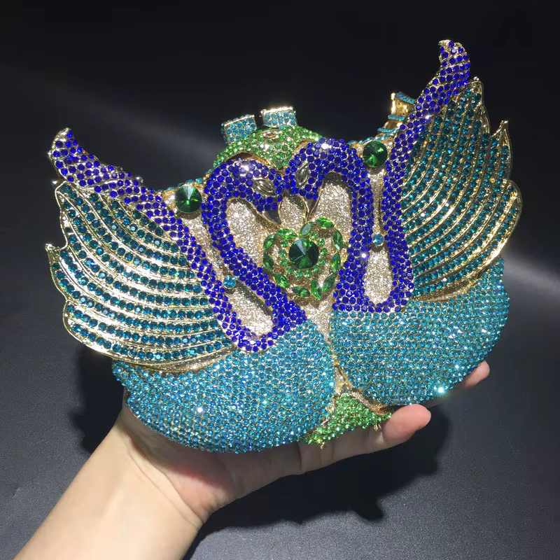 WHTUOHENG – sac de soirée en strass pour femmes, sac en métal violet/or, diamant en forme de cygne, 