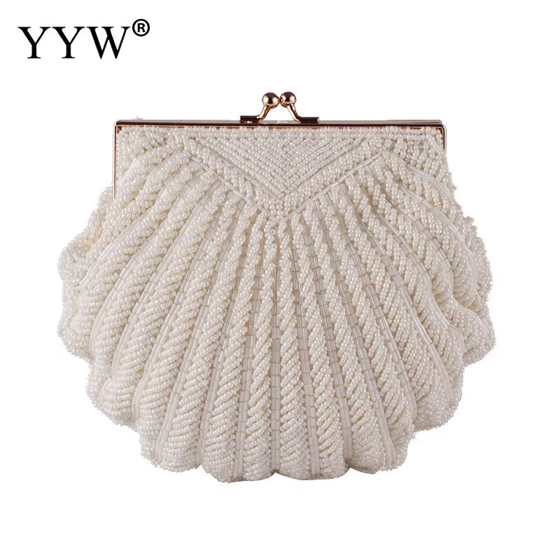 Sac à Main Brodé avec Perles pour Femme, Pochette Élégante avec Coquille Blanche, Pochette pour Mari
