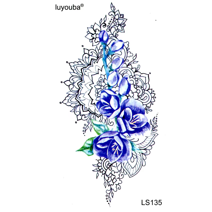 Autocollants de tatouage temporaire, motif de fleurs violettes, imperméables, pour hommes et enfants