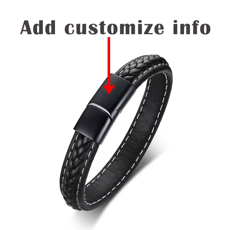Bracelet d'alerte médicale pour diabète de TYPE 1, bijoux de rappel d'urgence en cuir véritable noir