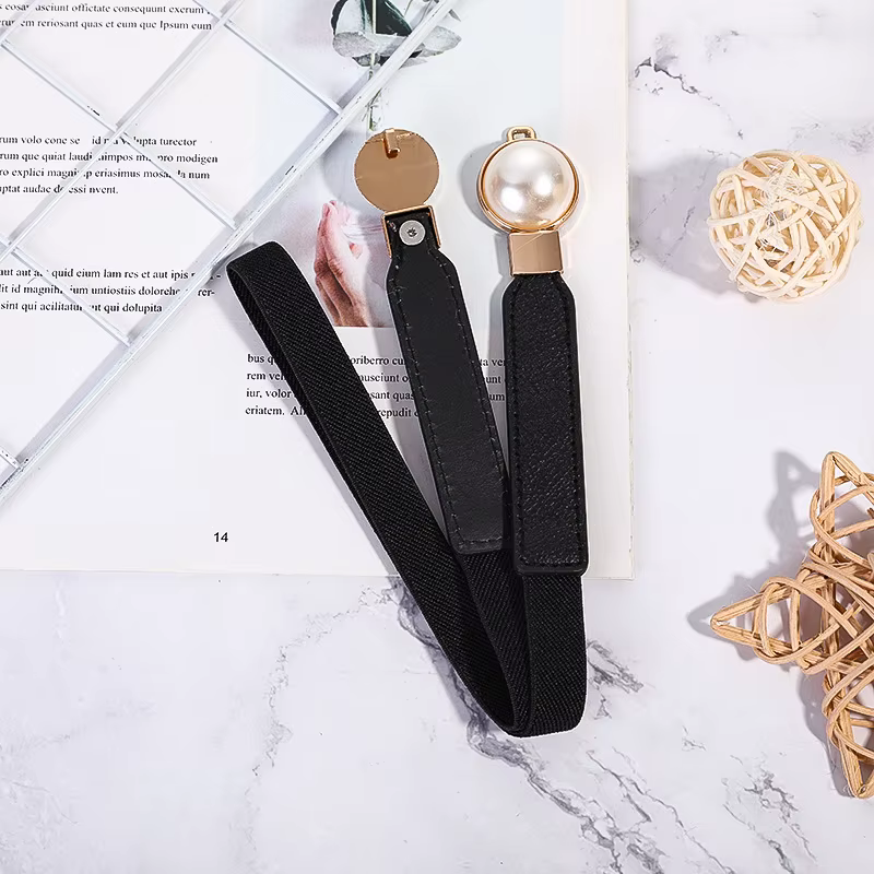 Ceinture élastique élégante pour femmes, avec boucles doubles perles, ceinture fine, ceinture décora