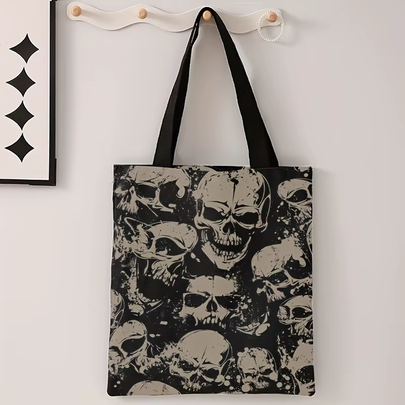 Sac fourre-tout imprimé crâne – Sac à main réutilisable en polyester durable, sac de courses avec mo