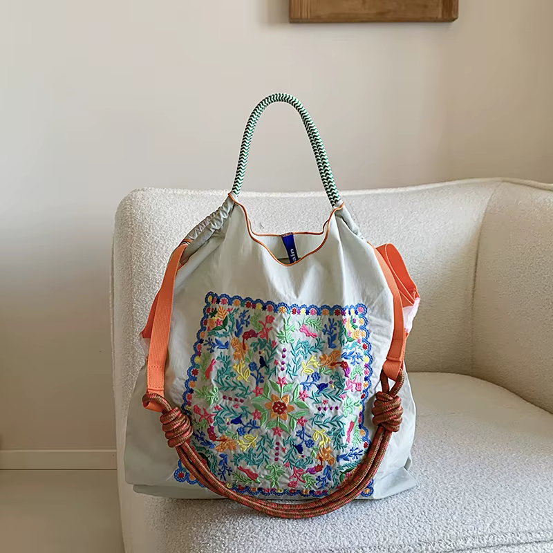 Nouveau sac à bandoulière pour femme, style bohème, sac de courses brodé de fleurs, sac fourre-tout 