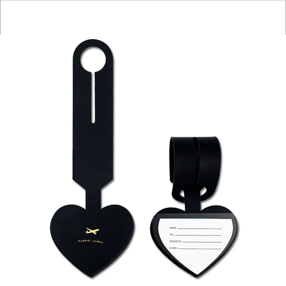 Étiquette de bagage en forme de cœur en PU pour avion, accessoires de voyage, étiquette d'adresse, é