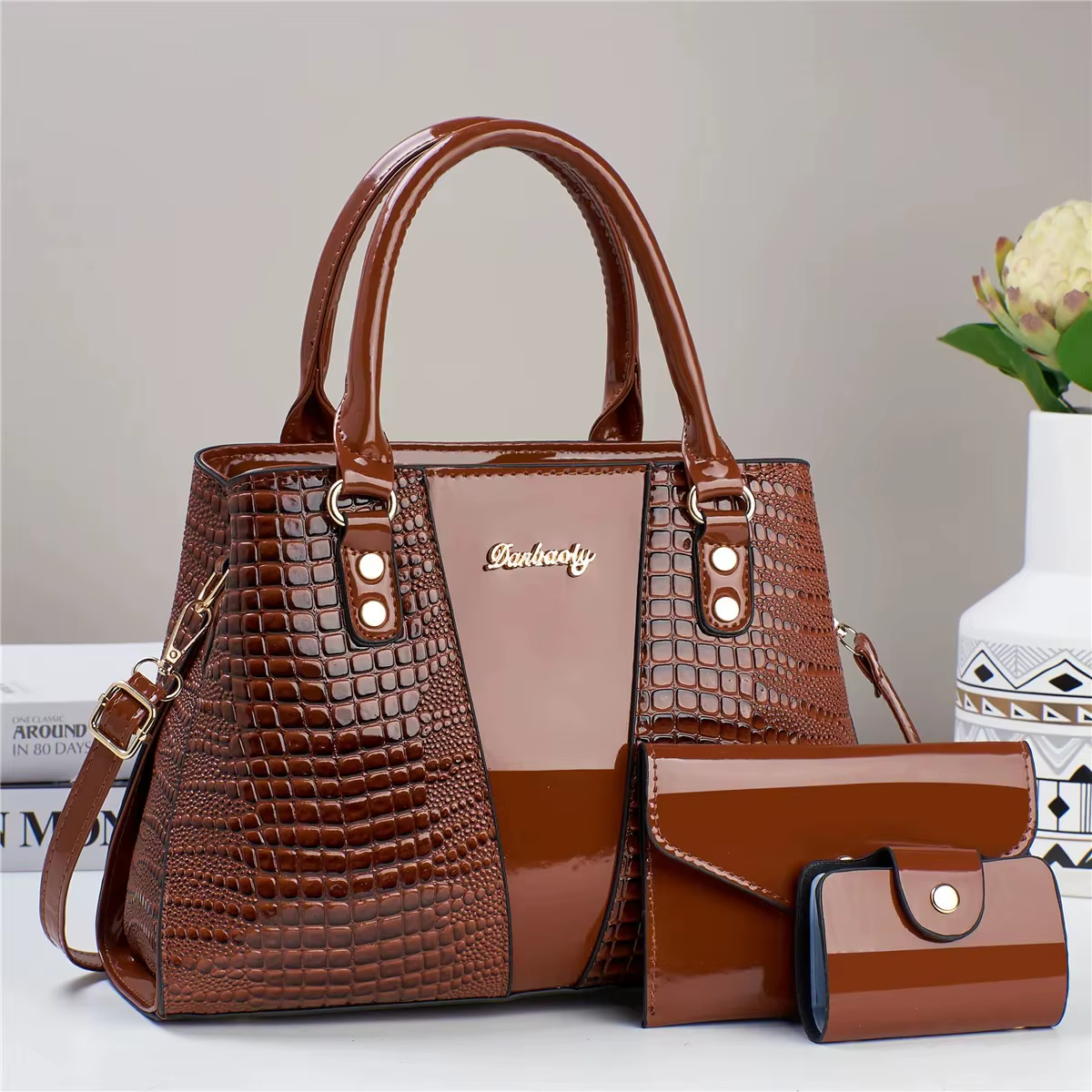 Nouveau sac à bandoulière grande capacité motif crocodile, ensemble de trois pièces, élégant, simple