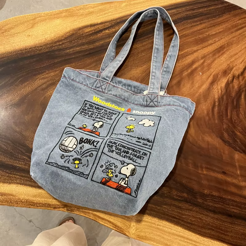 Nouveau Sac à Main en Jean Snoopy 2026, Sac à Bandoulière Brodé Thème BD, Bleu Clair, Sac Décontract