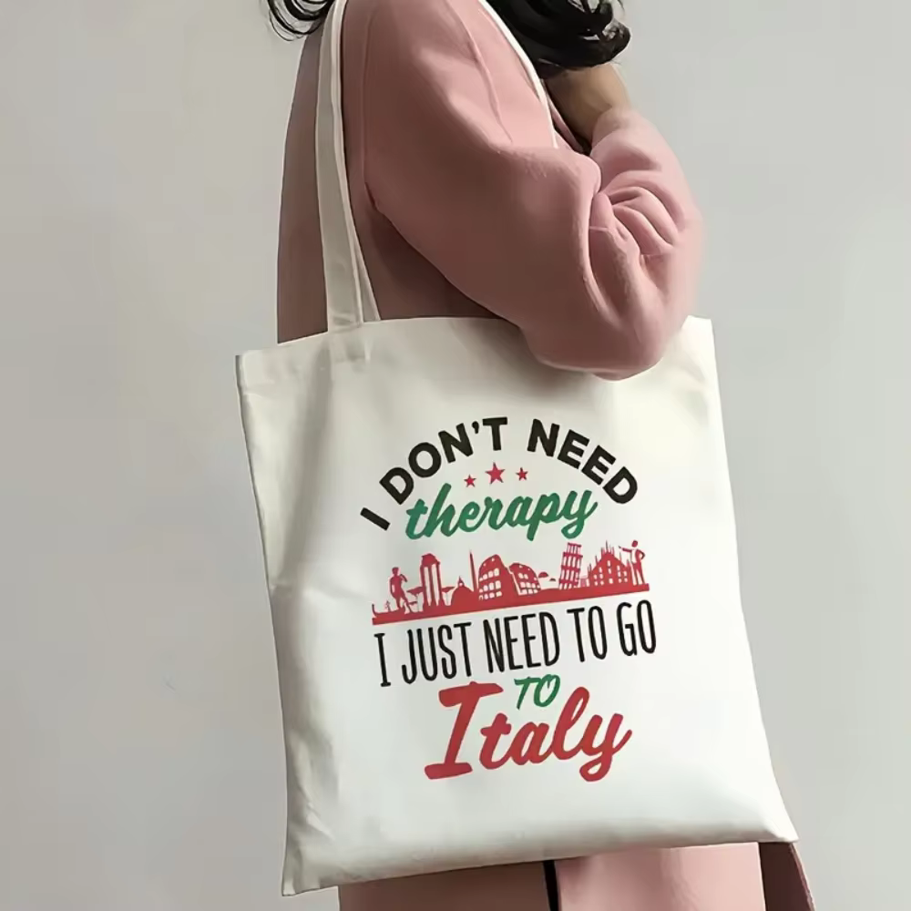 Sac fourre-tout en toile imprimé avec drapeau italien, lettres, silhouette de ville et citations, sa