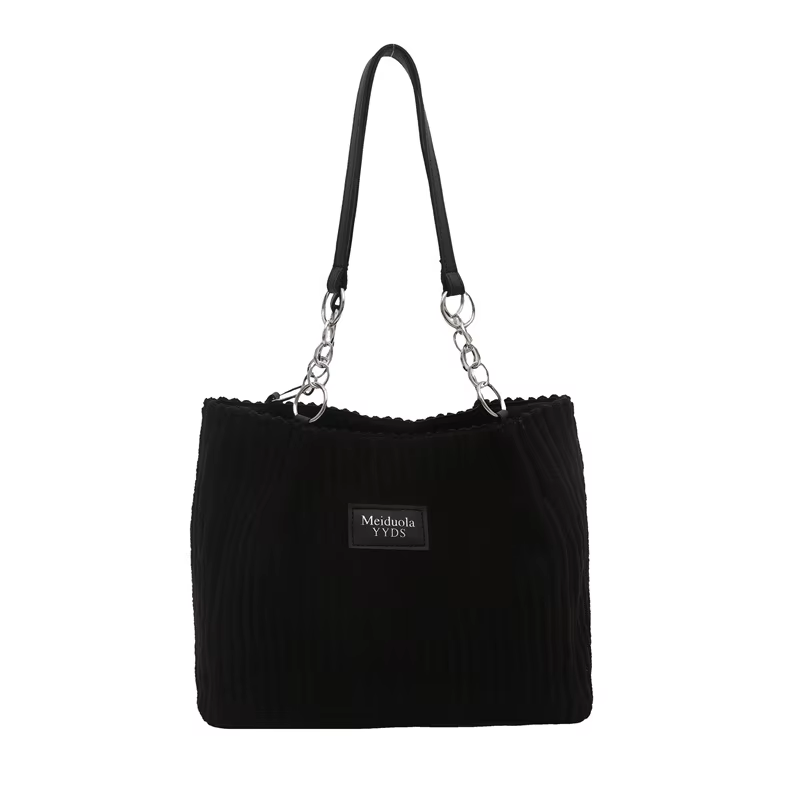 Sac fourre-tout chic en velours côtelé, sac à main avec chaîne tendance spacieuse et accents en cuir