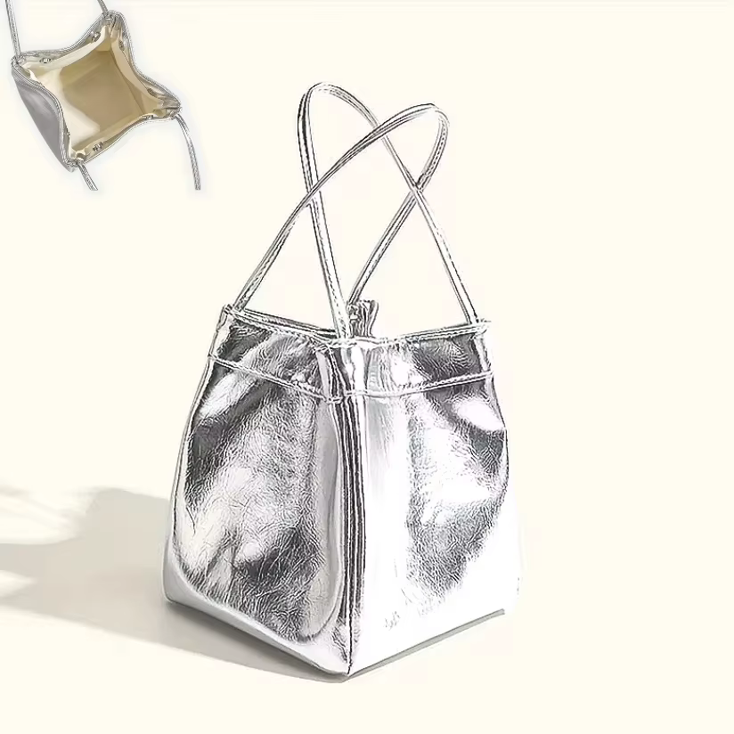 Sac seau mini scintillant argenté, sac à bandoulière multifonctionnel en PU brillant avec cordon de 
