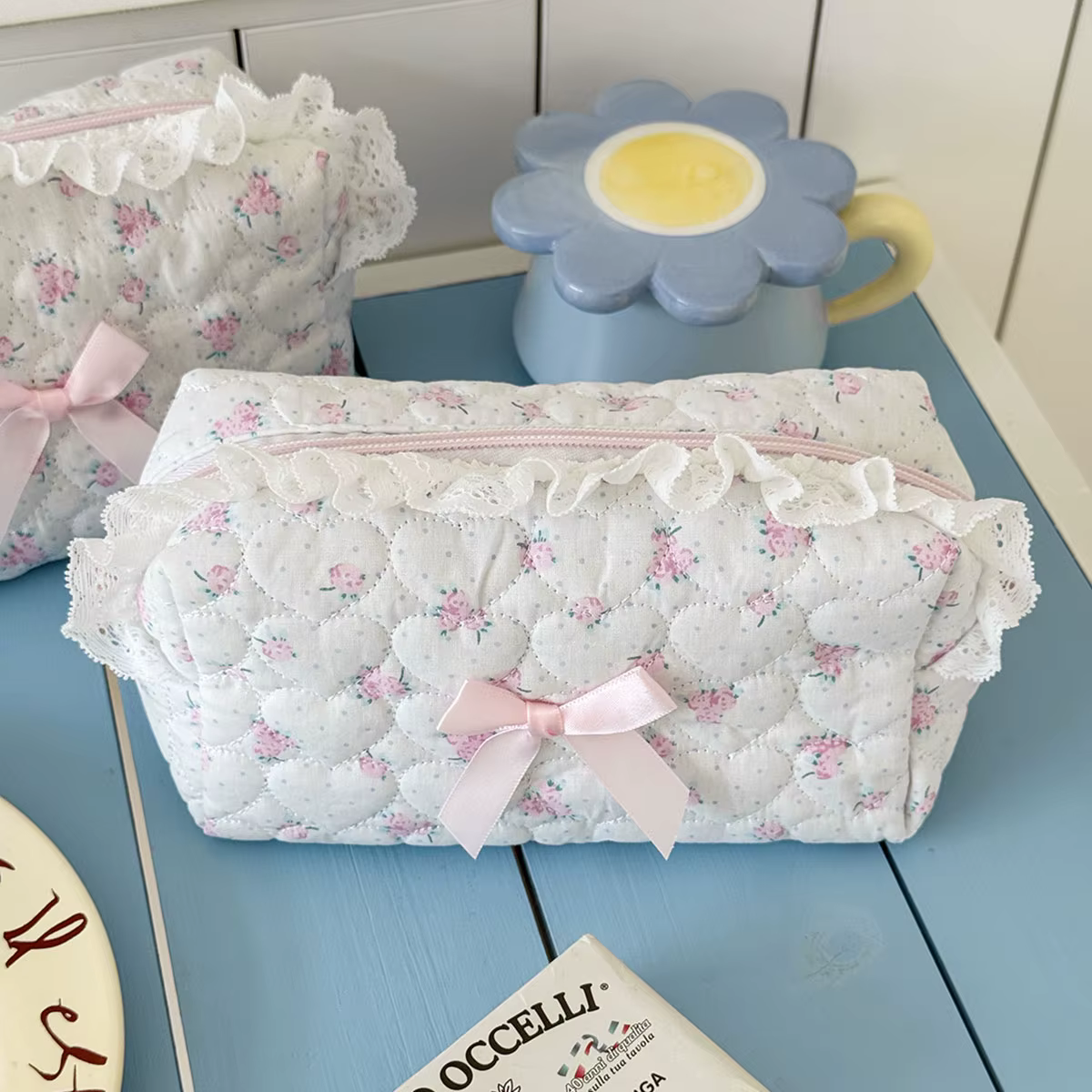 Petite trousse de maquillage et de rangement de voyage pour femmes et filles, en dentelle rose à mot