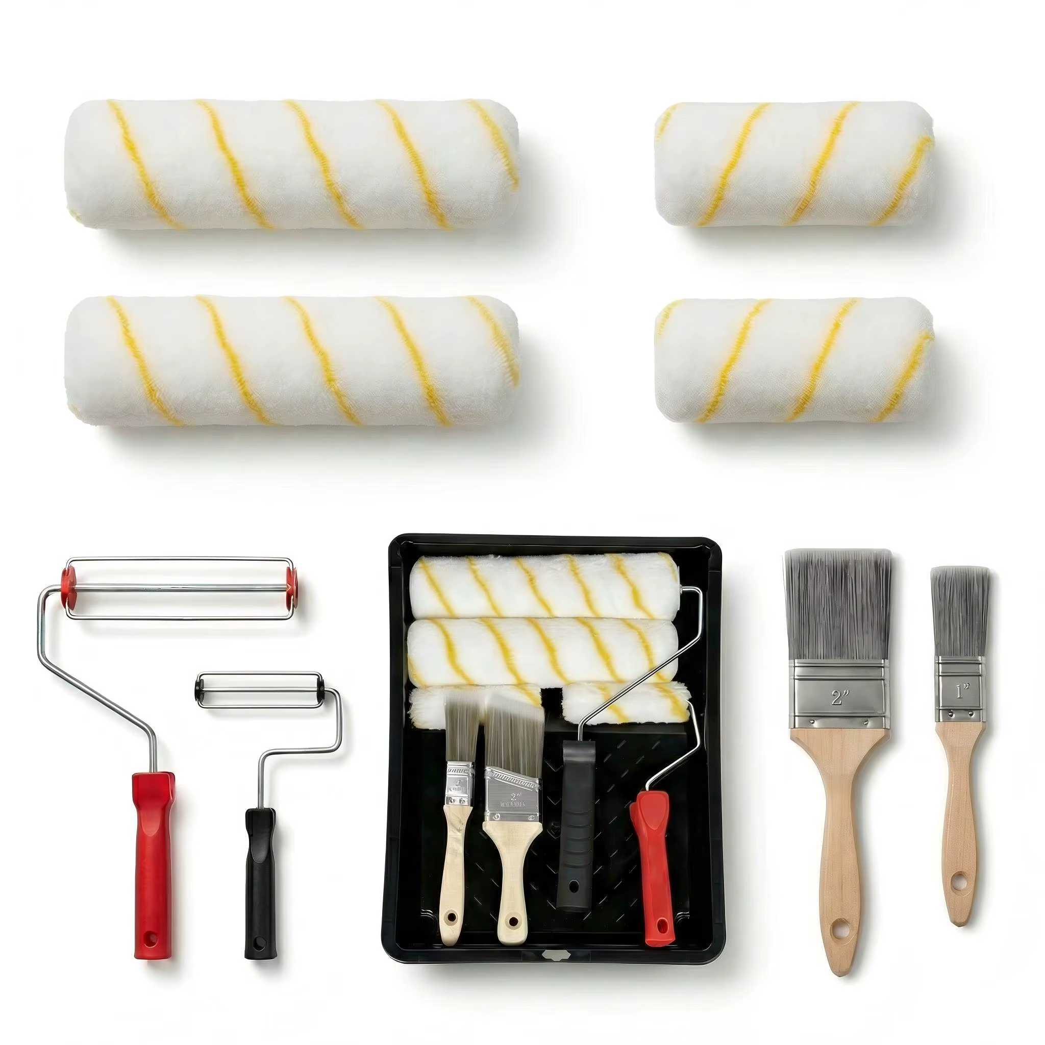 Kit de rouleaux à peinture 9 pièces, rouleaux à peinture, brosses et bac à peinture, fournitures de 