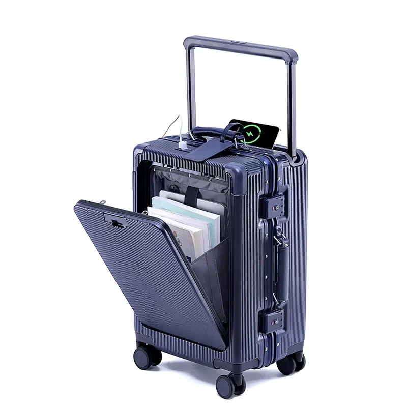 Valise de voyage à roulettes large avec cadre en aluminium, bagage à main avec porte-gobelet, boîte 