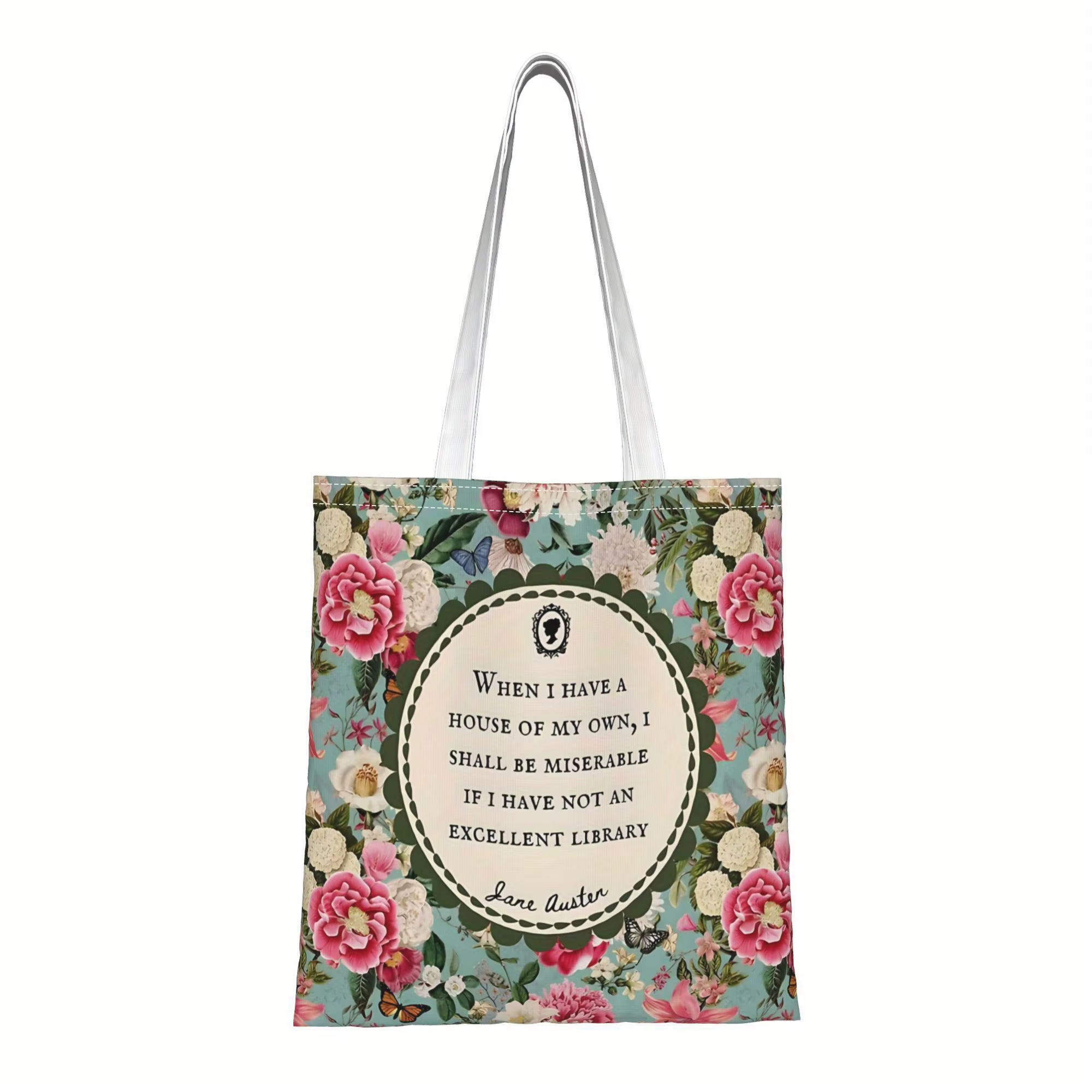 Sac fourre-tout à imprimé floral avec citation de Jane Austen, adapté à un usage quotidien, au shopp