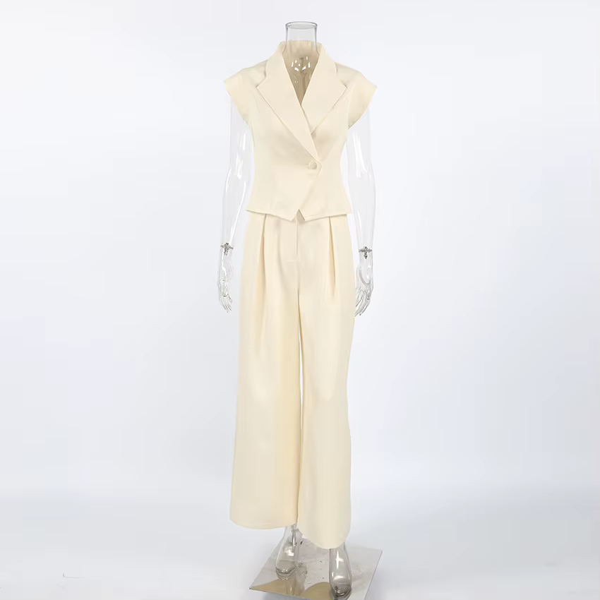 Costume kaki pour femme, design original, haut sans manches à col tailleur neutre, pantalon, ensembl