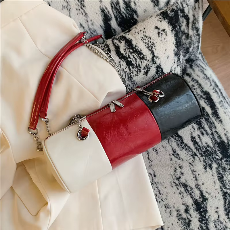 Sac à bandoulière en cuir Pu avec chaîne, couleur contrastée, sac à dos de rangement de grande capac