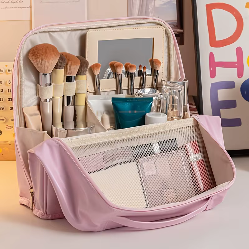 Grande Trousse de Toilette Verticale en PU Grande Capacité, Organisateur de Maquillage Portable, Poc