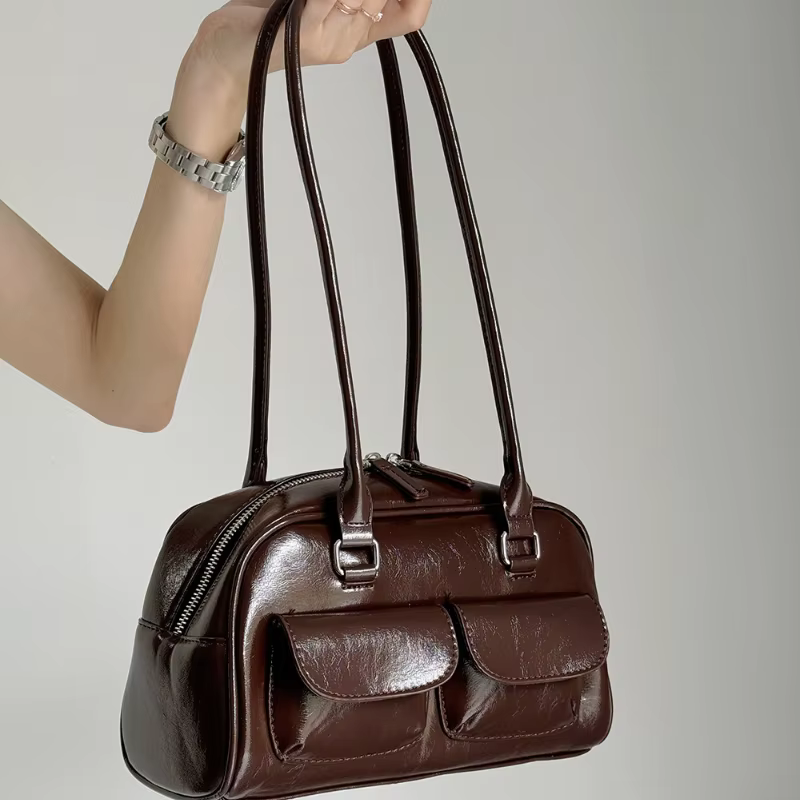 Sac à main de Bowling marron de grande capacité pour femmes, sac à bandoulière rétro Style coréen IN