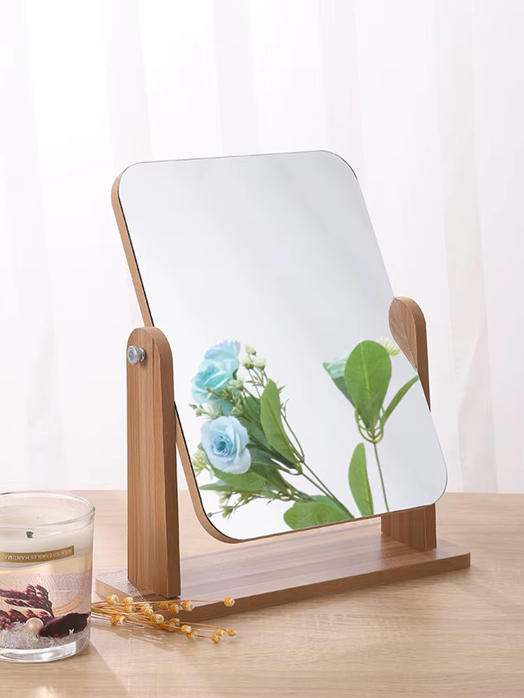 Miroir de maquillage de vanité de commode avec support en bois, miroir cosmétique Compact rotatif à 