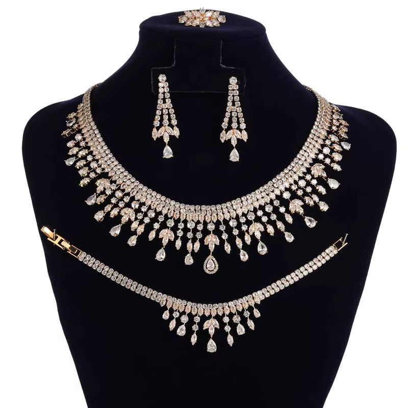 HADIYANA-Ensemble de Bijoux de Mariage Luxueux pour Patients, Bracelet, Boucles d'Oreilles, Collier 