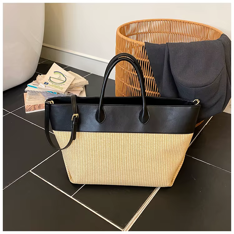 Sac fourre-tout de luxe en paille tricotée pour femme, grande capacité, pour l'été et les vacances à