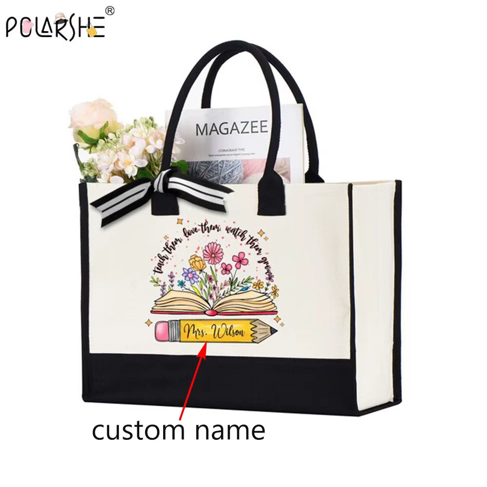 Polarshe Sac fourre-tout personnalisé pour enseignant Sac en toile avec nom personnalisé Cadeaux d'a
