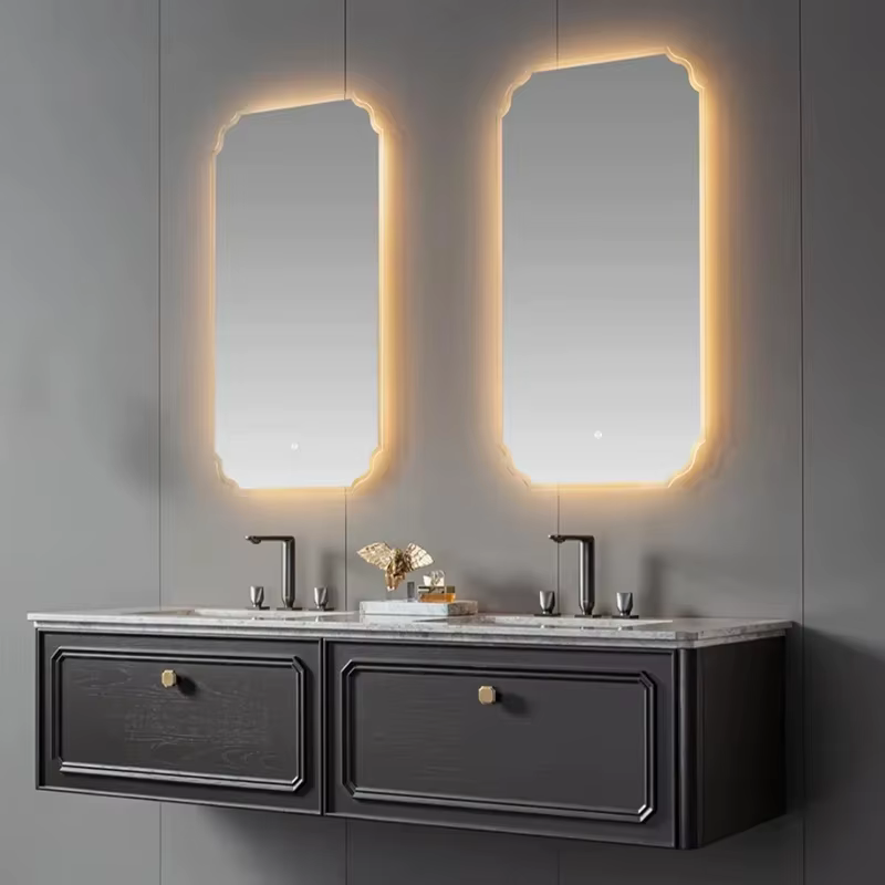 Meuble de salle de bain de luxe léger avec tiroirs, designs d'évier, armoire miroir sur pied, unité 