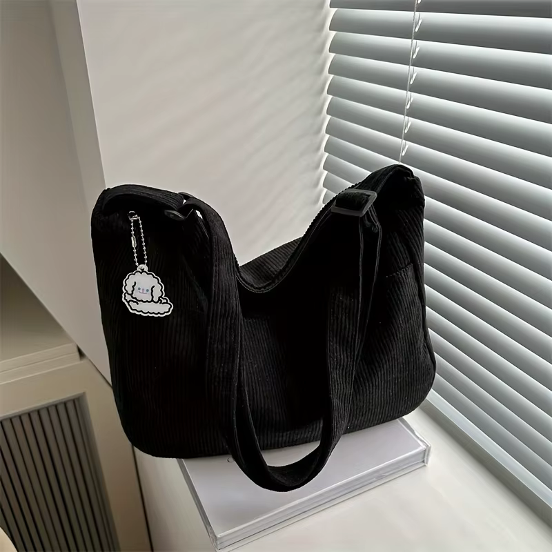 Sac à bandoulière en velours côtelé pour femme, fourre-tout décontracté à rayures de grande capacité
