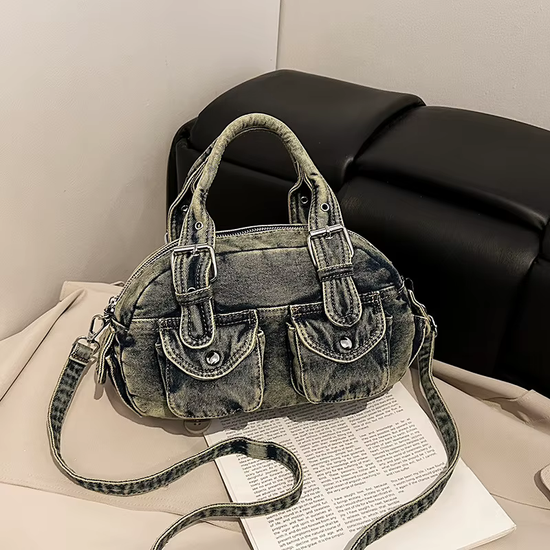 Nouveau sac bandoulière en jean délavé multi-poches, sac à main portable pour femme, sac décontracté