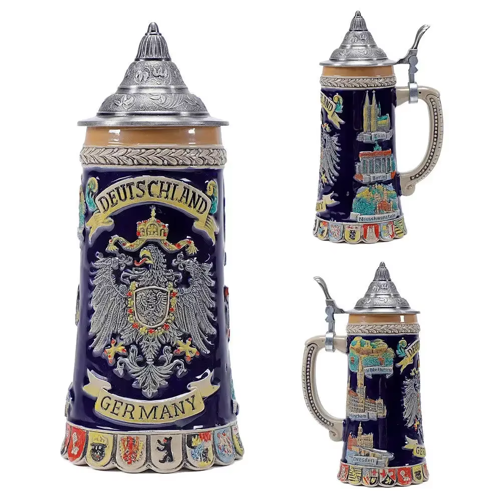 Chope à bière allemande avec couvercle de 600ml, avec gravure allemande, vie de chasse, Tankard, Ste