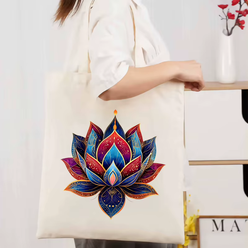 Sac fourre-tout en toile à motif de lotus blanc, adapté à un usage quotidien et au shopping