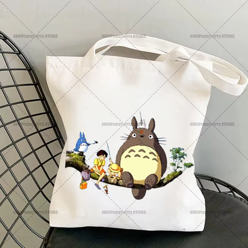 Totoro Studio – sac fourre-tout mignon en toile blanche, grande capacité, sac à bandoulière pliable 
