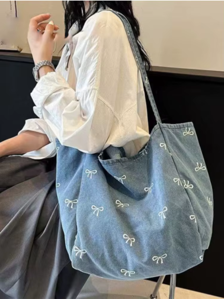 Sac à bandoulière en toile denim avec nœud, grande capacité, style décontracté, élégant et simple, p