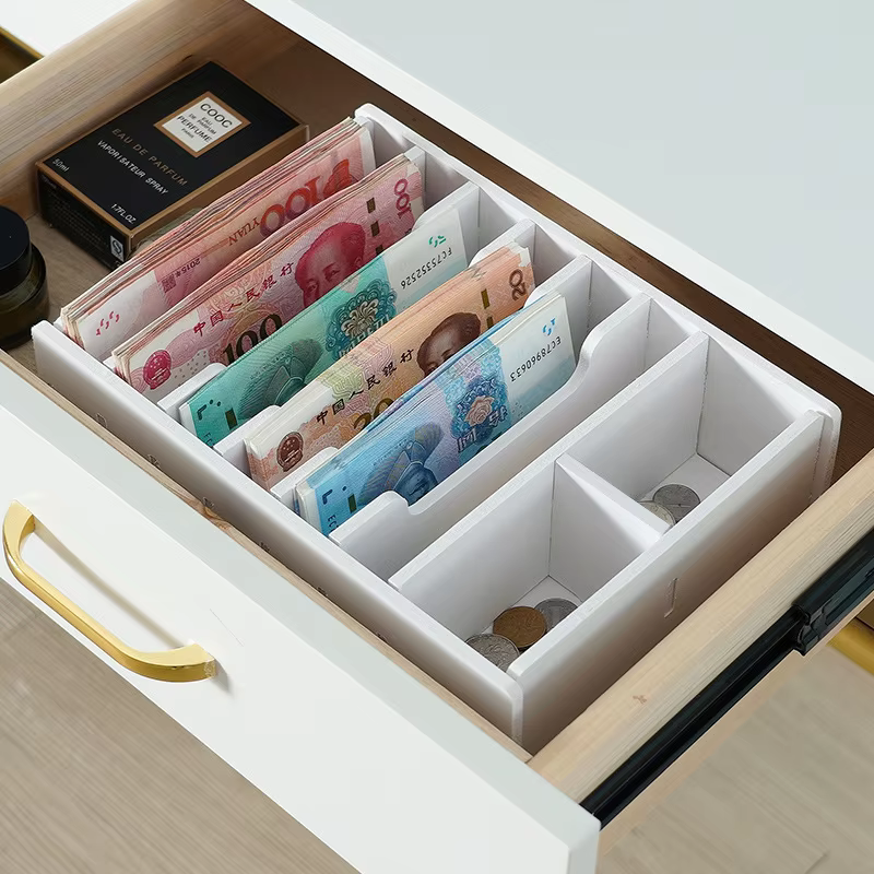Organisateur de trésorerie blanc multi-compartiments, boîte de rangement pour espèces et pièces de m