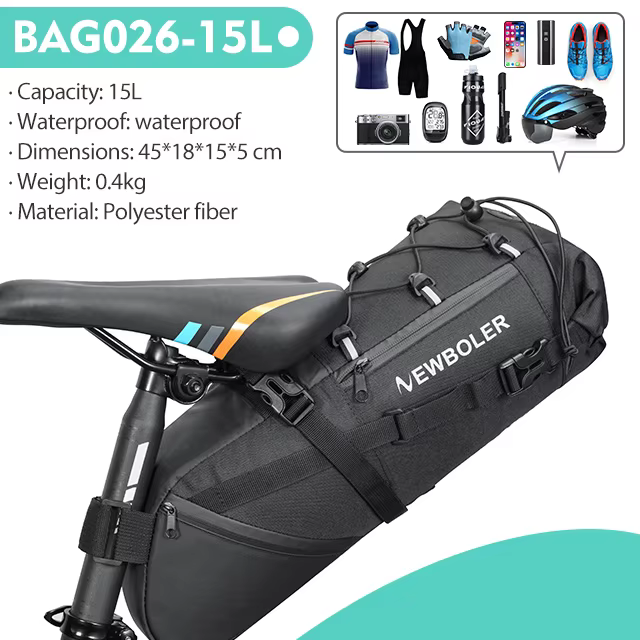 NEWBOLER Sacoche de selle de vélo étanche VTT Vélo de route 15L Grande capacité Sac de vélo pliable 