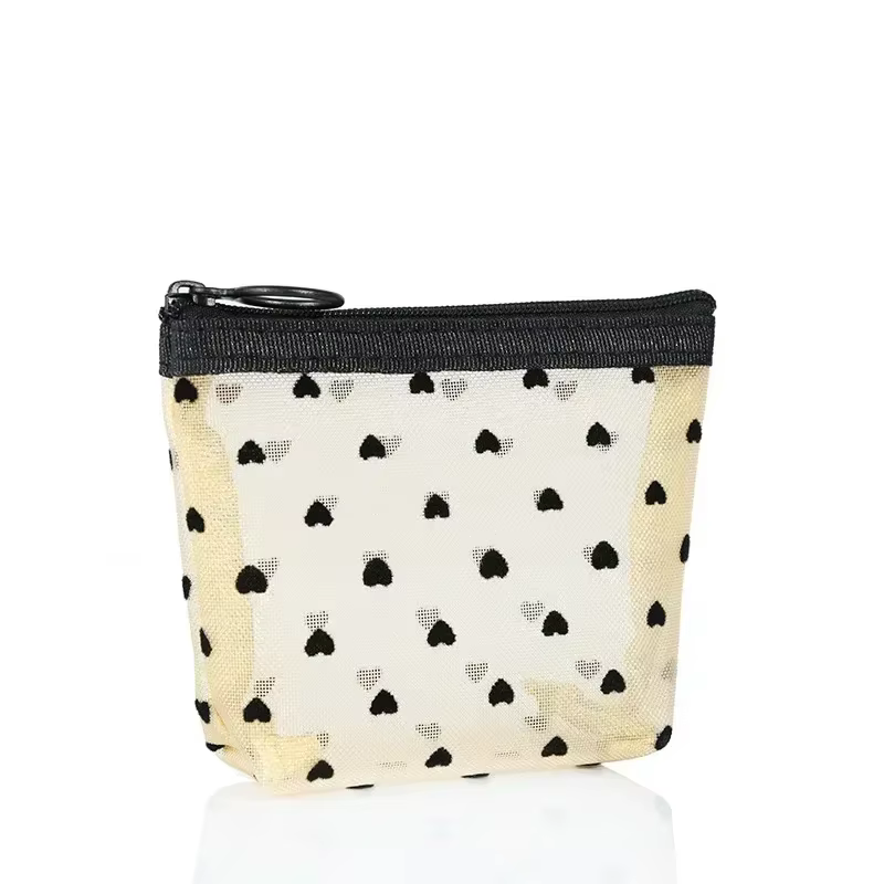 Sac à cosmétiques en maille de Nylon, organisateur de toilette en forme de cœur à fermeture éclair, 