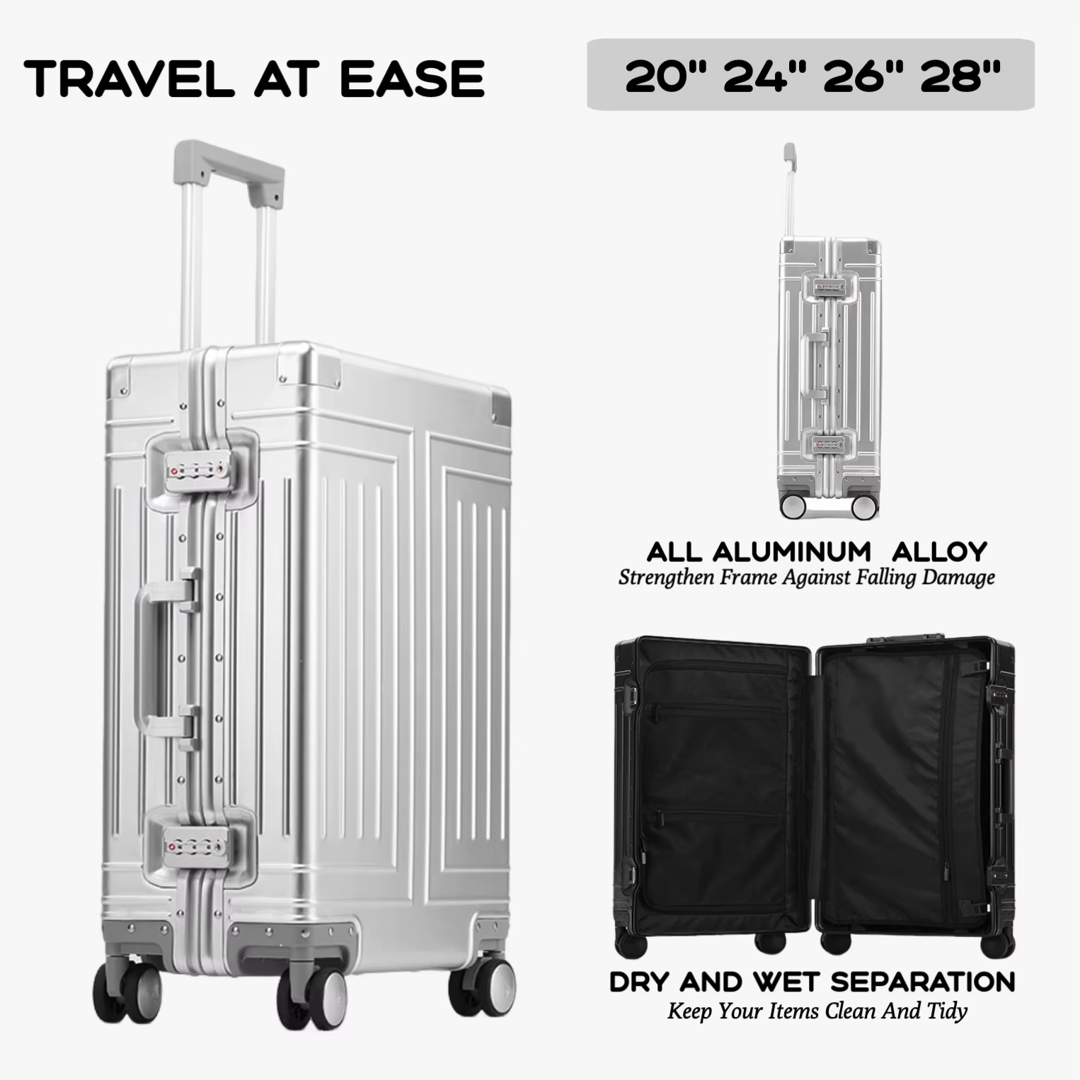 2024 capacité ensembles de bagages durables 100% valise en aluminium roues femmes fille hommes cabin