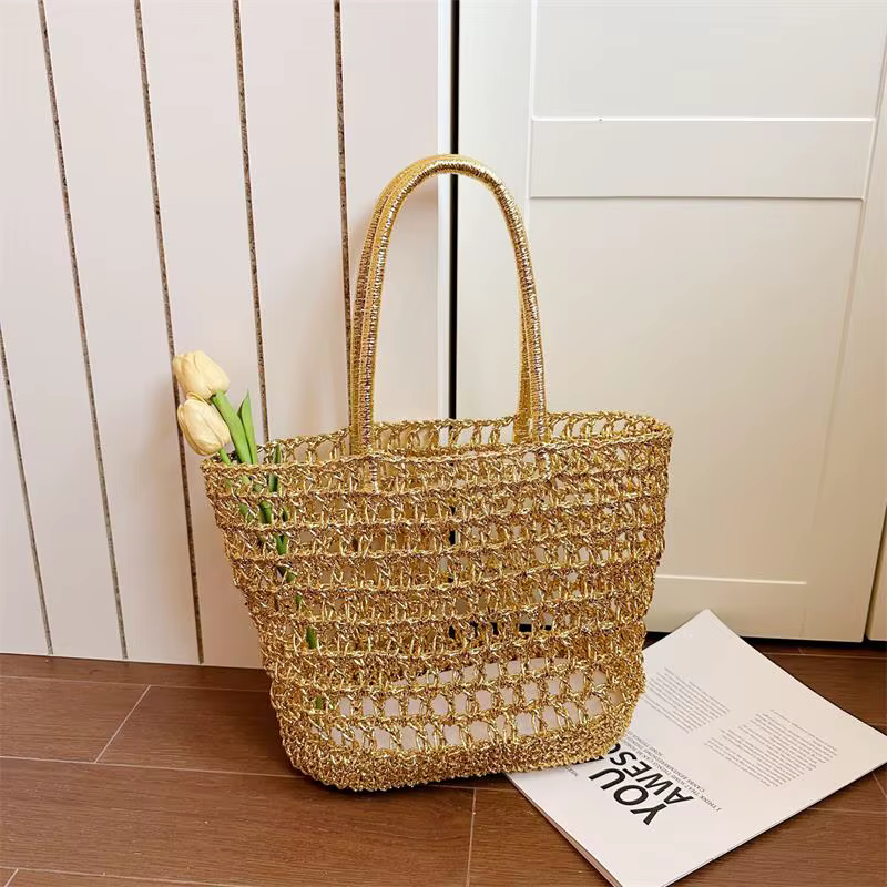 Sac cabas doré tressé à l'épaule, sac fourre-tout décontracté chic pour femme, idéal pour la plage, 