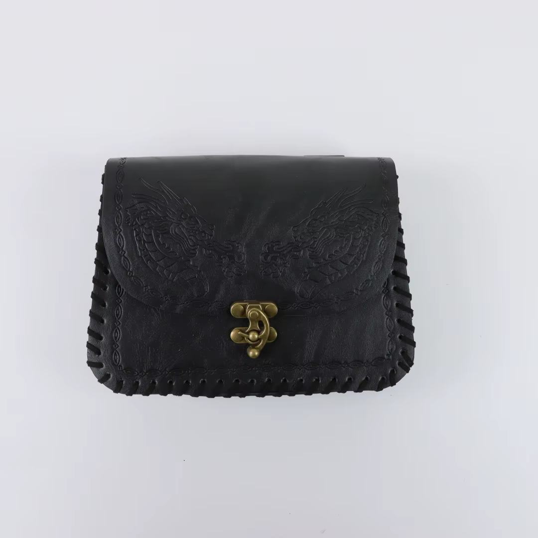 Pochette de ceinture vintage en similicuir gaufré double dragon, sac médiéval Renaissance, accessoir