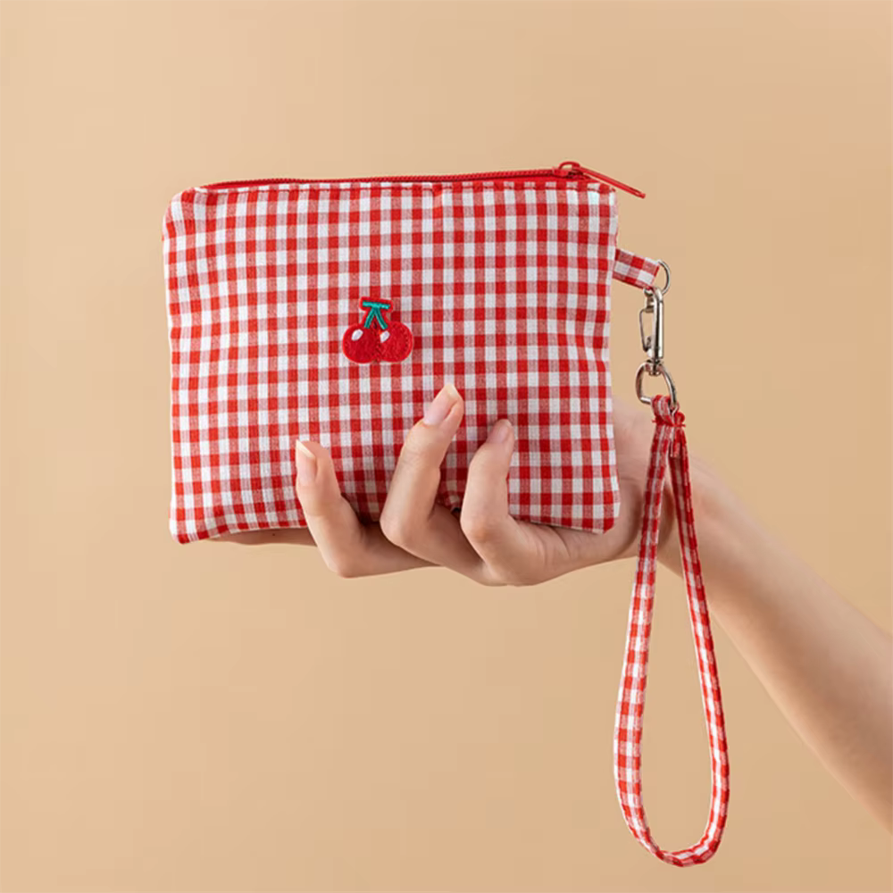 Sac de maquillage en toile cerise, sac de rangement Portable à carreaux rouges de grande capacité po